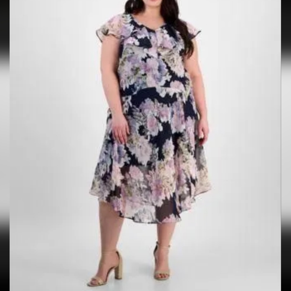 NWT CONNECTED APPAREL Flutter Sleeve Chiffon Midi Dress Black Pink Size 16W